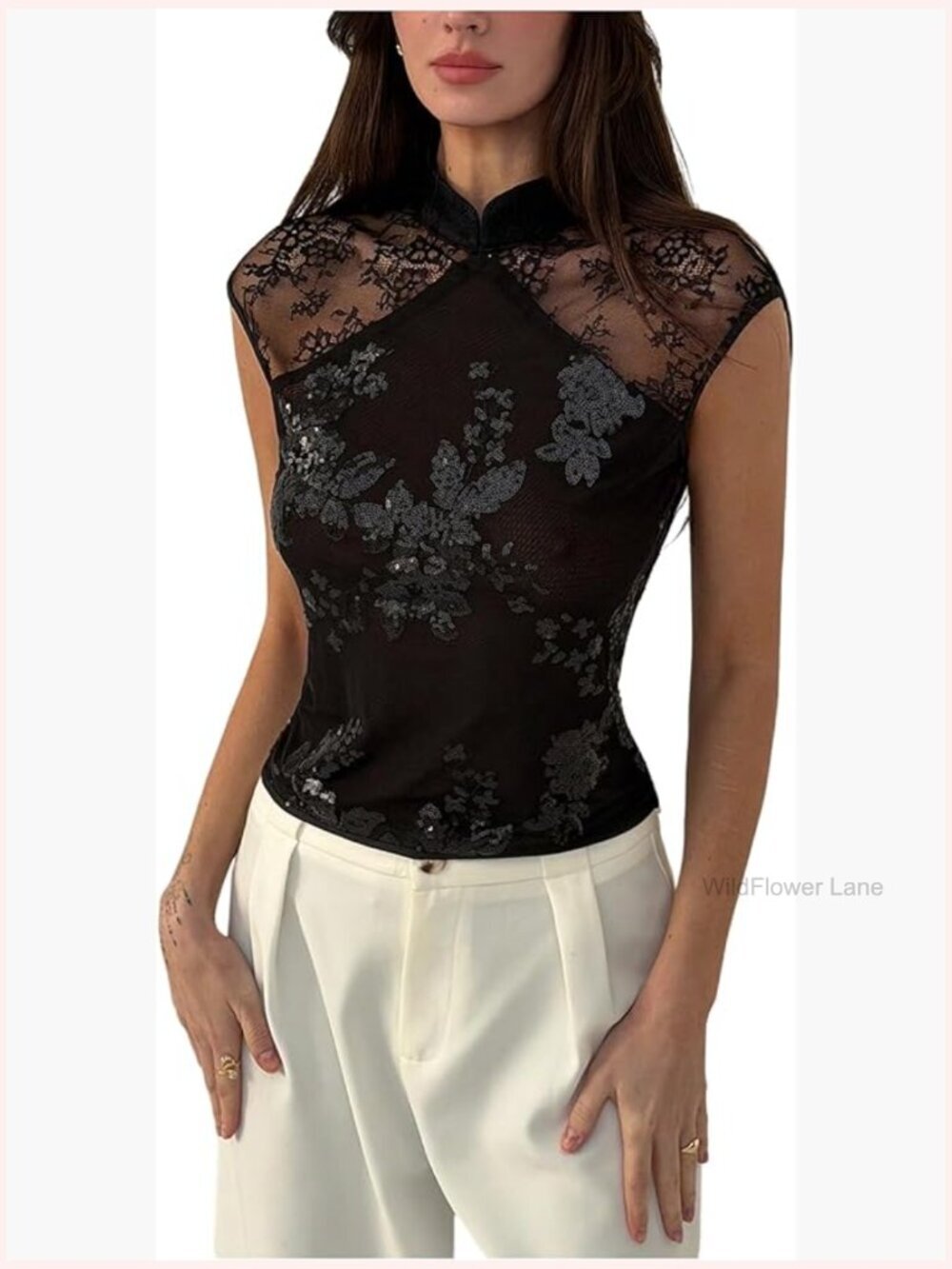 Sequin Sheer Lace Cheongsam Top Mock Neck Cap Sleeve Going Out Blouse